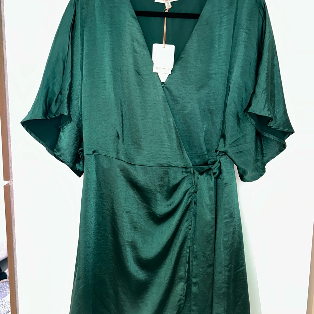 Skies Are Blue Green Wrap Midi Dress with Dolman Sleeves